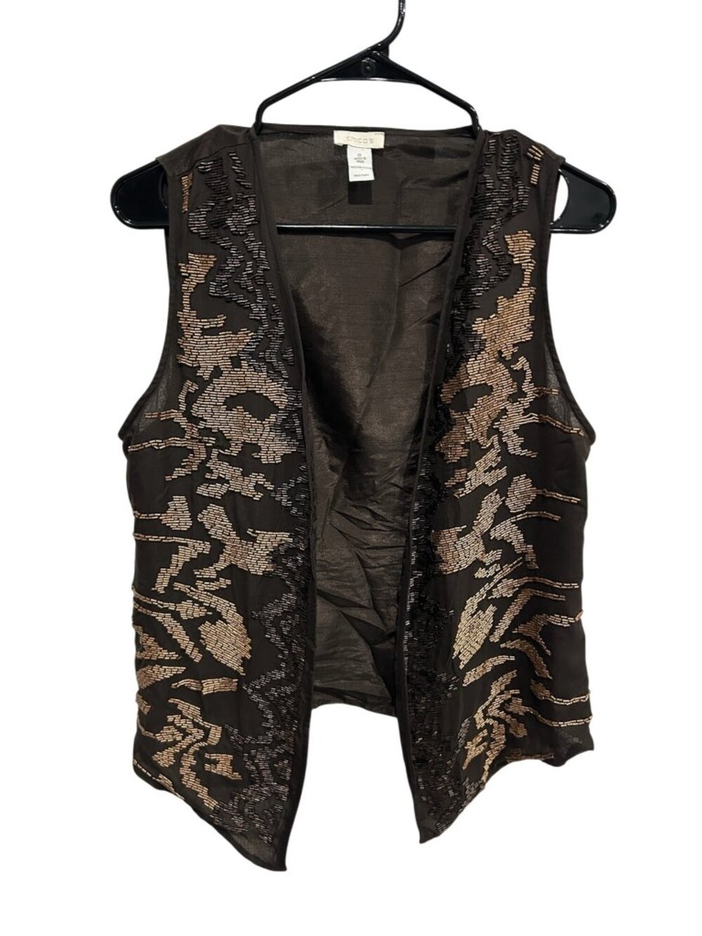 Chico's Womens Metallic Bronze Black Draped Open Vest Small Glam Boho